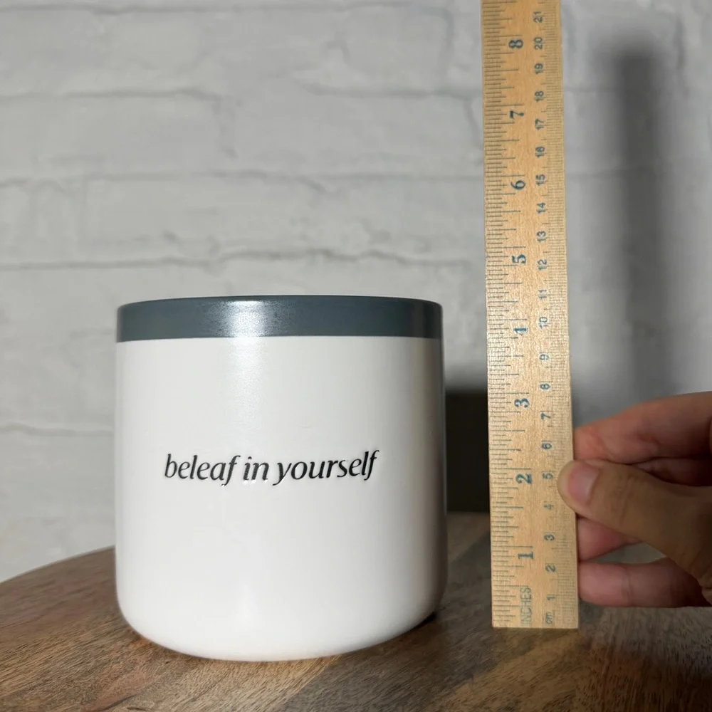 West Elm White Gray Glazed Ceramic Planter Motivational Quote beleaf in yourself